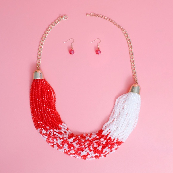 34 Strand Red White Bead Necklace and matching Earrings Set - Picture 2 of 2
